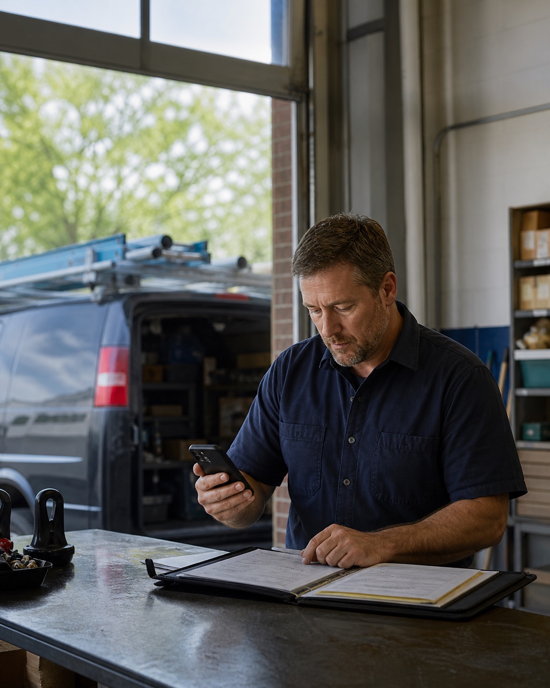 Home-service business owner reviewing a missed inquiry and open estimate